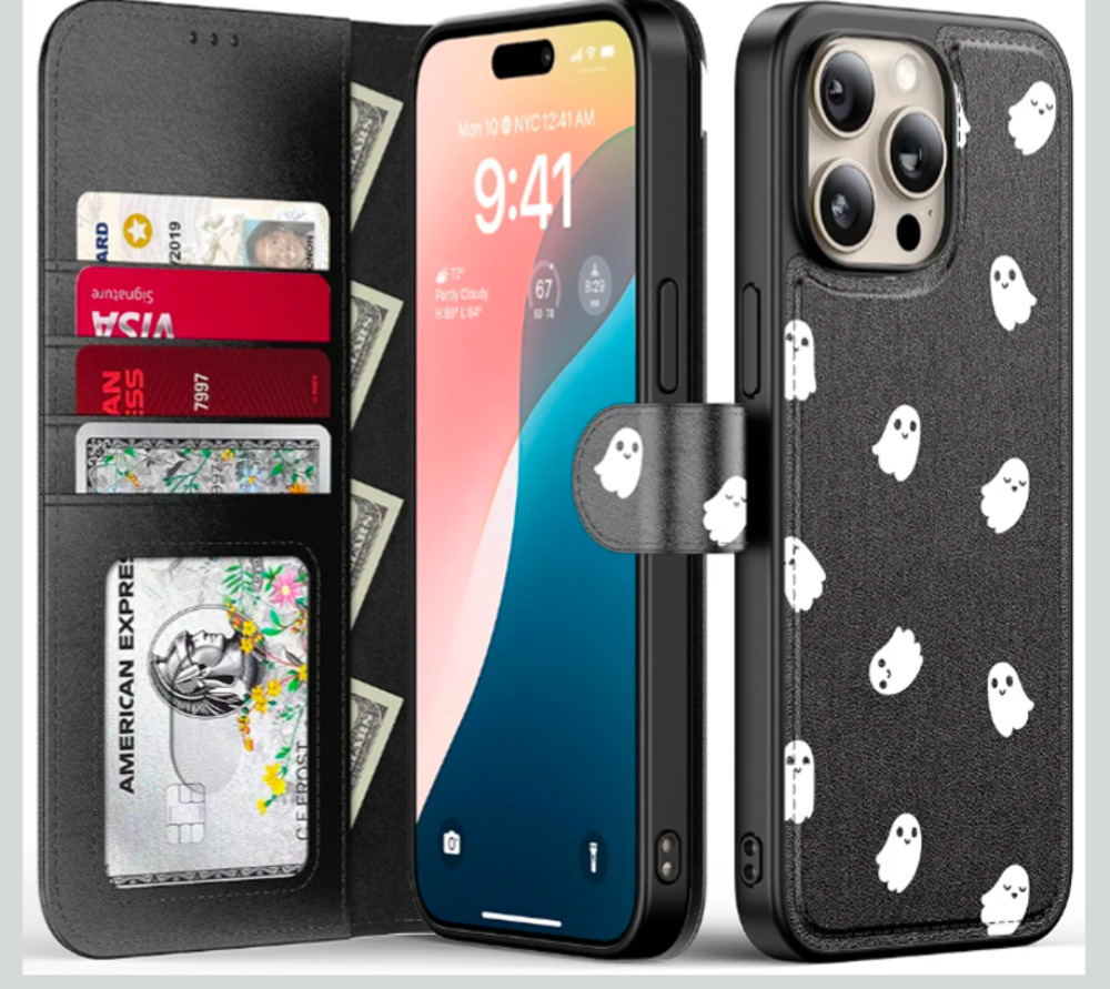 Halloween RFID Wallet Phone Case Compatible w/ iPhone 14 Pro Max Black & Ghosts